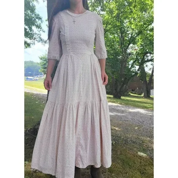 Vintage Prairie Dress Women's Small Pink Floral Print Lace Trim Long Cottage - Picture 3 of 12